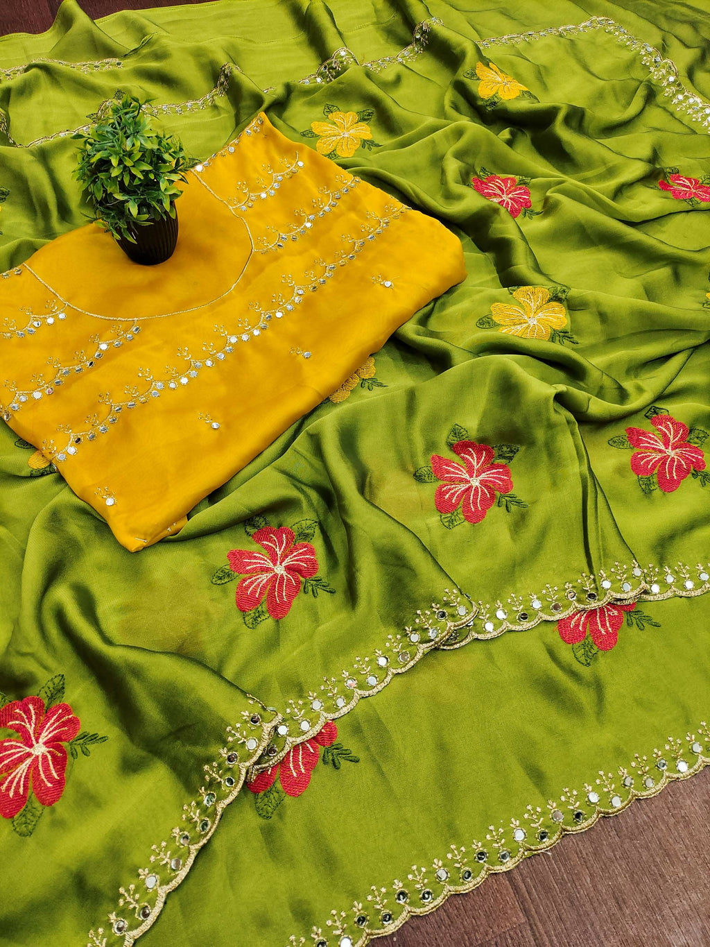 Teeya Creation Green Rangoli Silk Embroidery Work Party Wear Designer Saree - Distacart