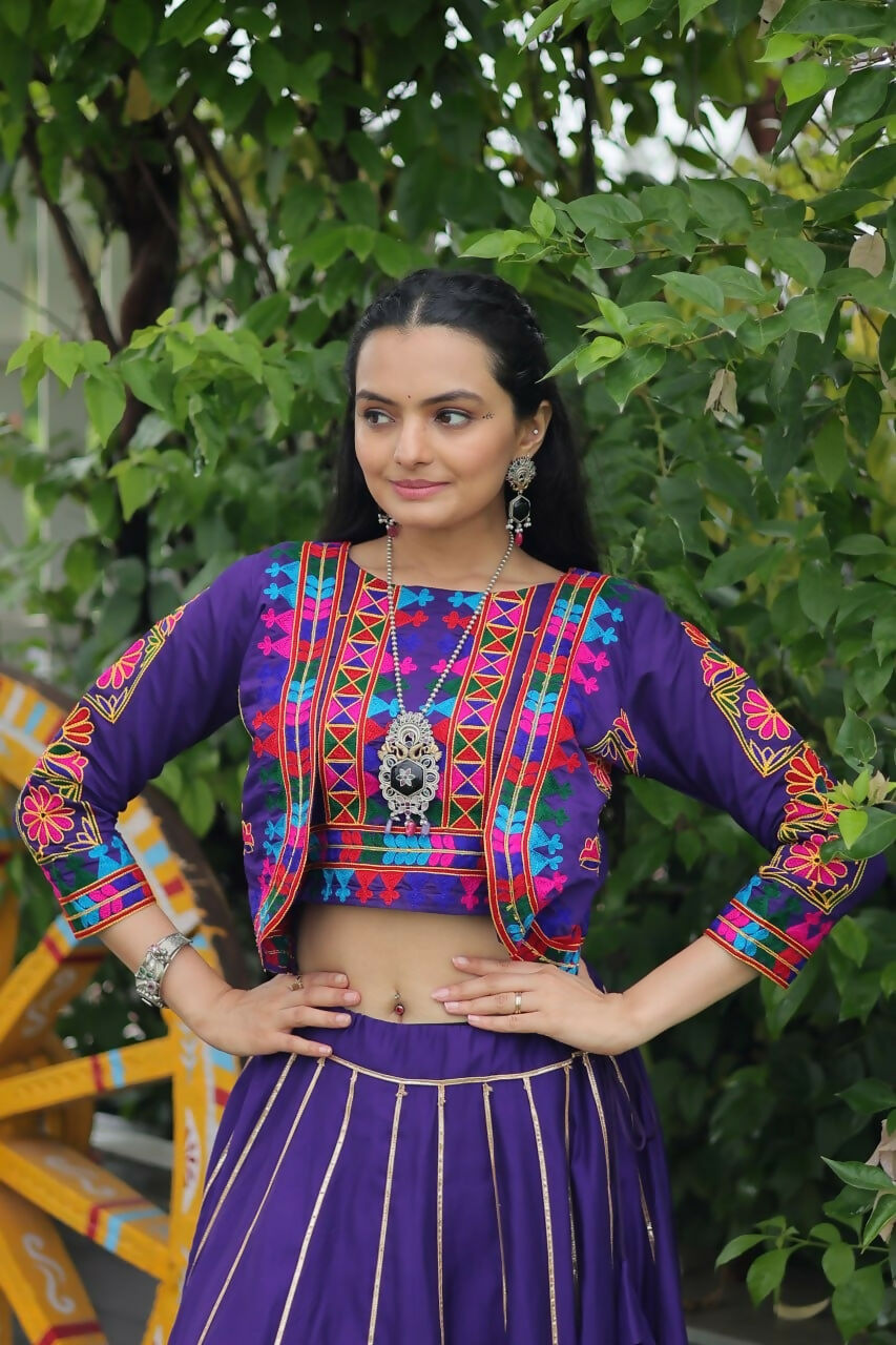 Teeya Creation Purple Colour Roman Silk With Gamathi Work Navratri Lehenga Choli