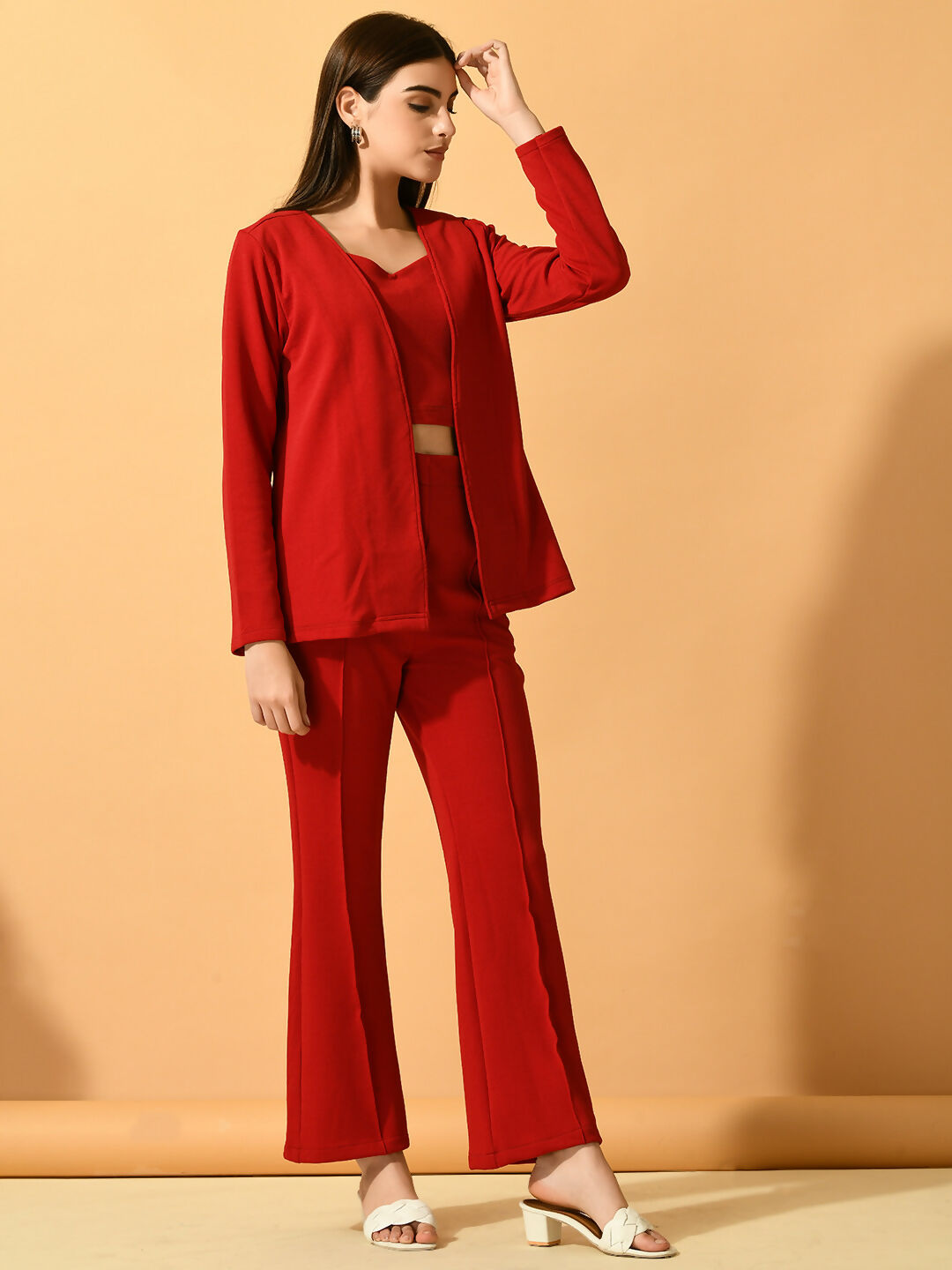 Myshka Women's Red Solid Coat With Trousers