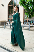 Vastranavya Rama Embroidery Work Shimmer Chiffon Saree with Unstitched Blouse - Distacart