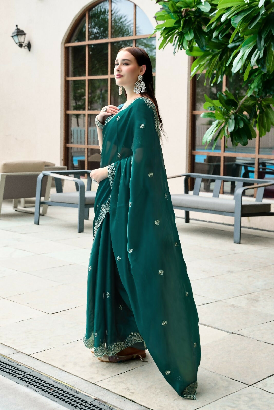 Vastranavya Rama Embroidery Work Shimmer Chiffon Saree with Unstitched Blouse - Distacart