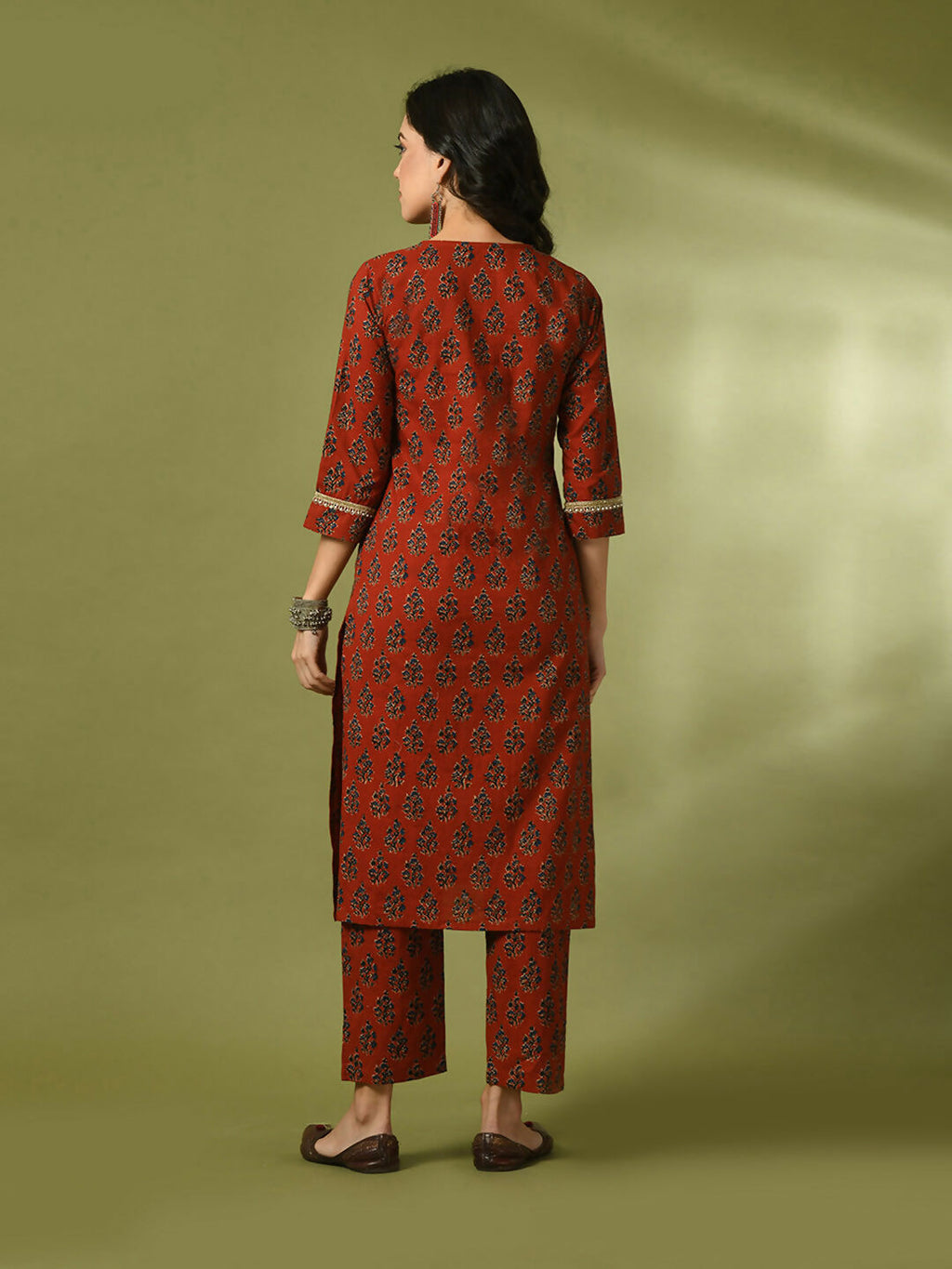 Myshka Women's Rust Printed Cotton Straight Party Kurta Set