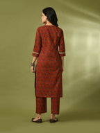 Myshka Women's Rust Printed Cotton Straight Party Kurta Set