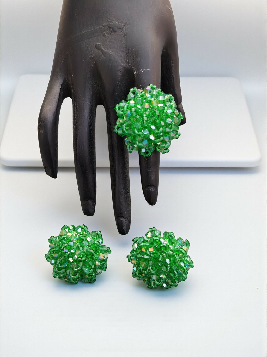 Inhanns Rangmani Crystal Duo – Adjustable Ring + Statement Earrings Set - Pista Green - Distacart