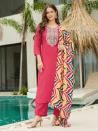 The52 Women's Beautiful Rayon Fabric Embroidery Work Straight Kurta Pant and Dupatta Set - Distacart