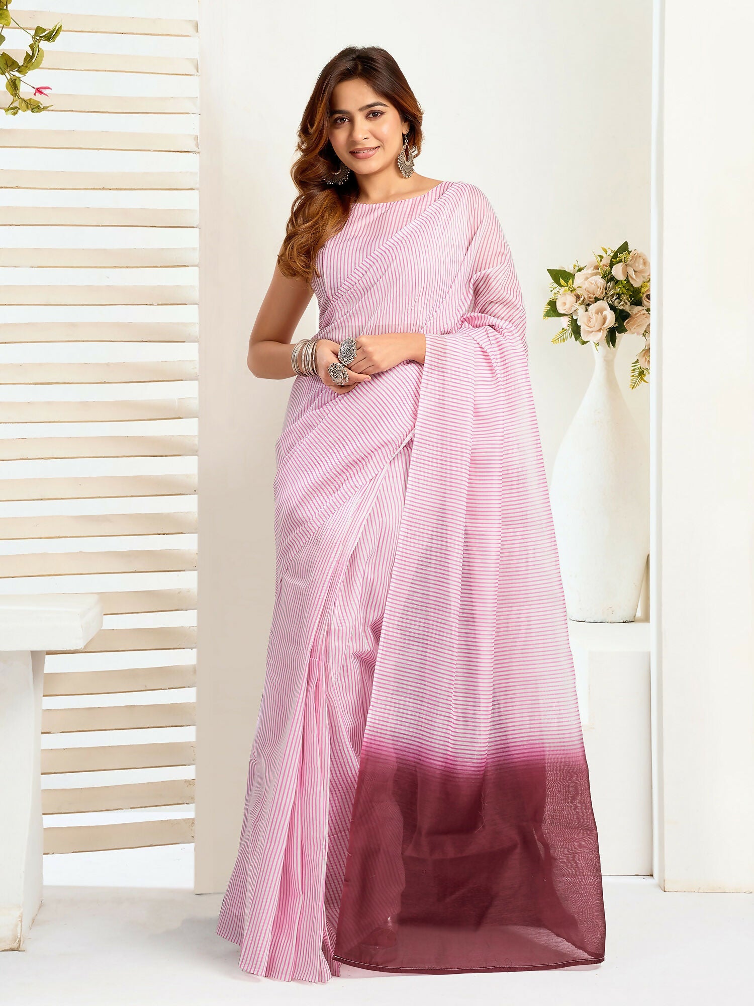 Joban Fashion Light Pink  Striped Linen Ready To Wear Saree With Unstitched Blouse - Distacart