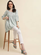 Light Blue Poly Cotton Yoke Embroidered A-line Top - Tarini