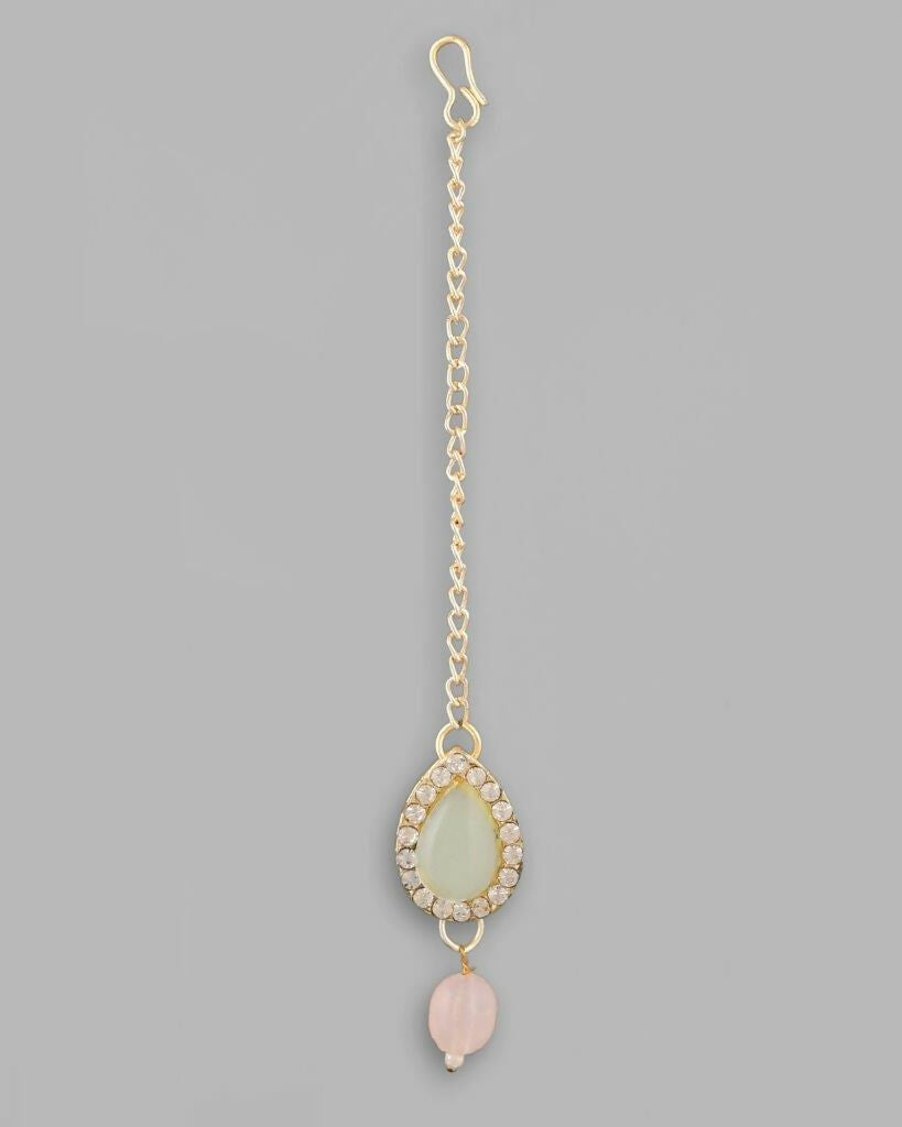 VOJ Gold-Polished Nude Pink And Mint Green Stone Studded Jewellery Set With Maang Tikka