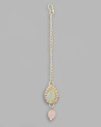 VOJ Gold-Polished Nude Pink And Mint Green Stone Studded Jewellery Set With Maang Tikka