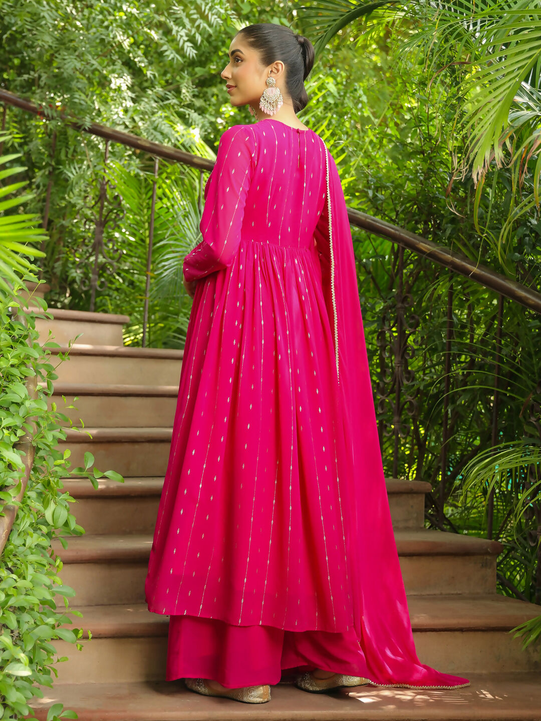 Janasya Pink Georgette Foil Print Kurta,Bottom & Dupatta