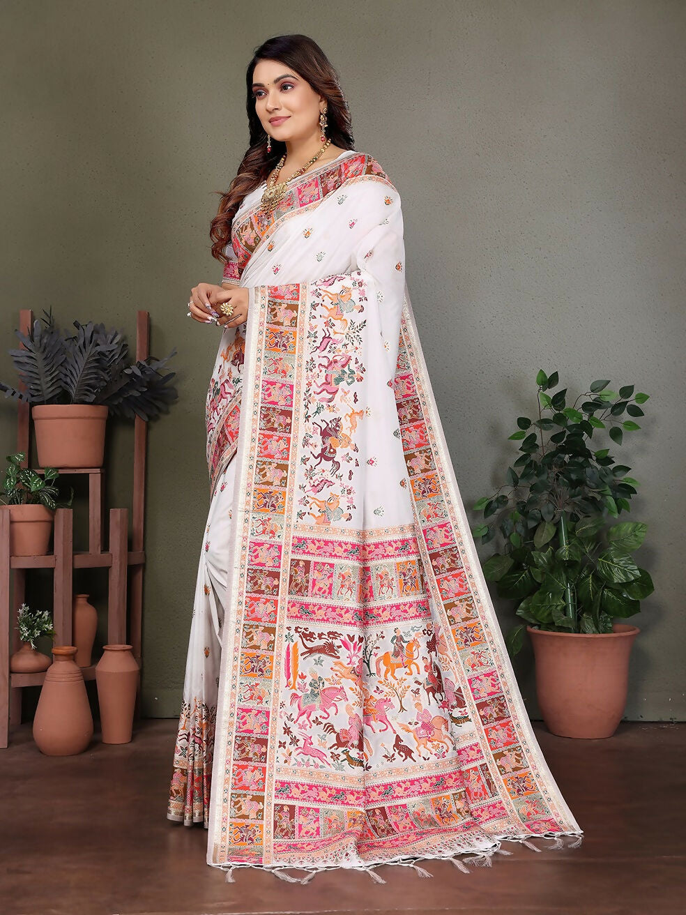 Joban Fashion White Thread Woven Pashmina Sarees
