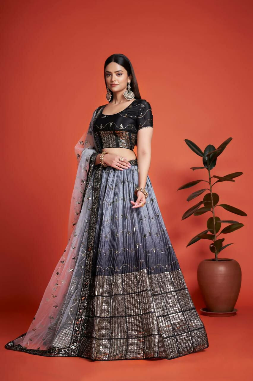 Jyoti Fashion Women's Black Heavy Chinon Sequins Embroidered Designer Lehenga Choli Set