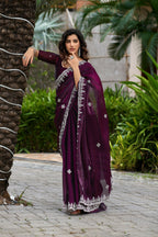 Vastranavya Wine Embroidery Work Shimmer Chiffon Saree with Unstitched Blouse - Distacart