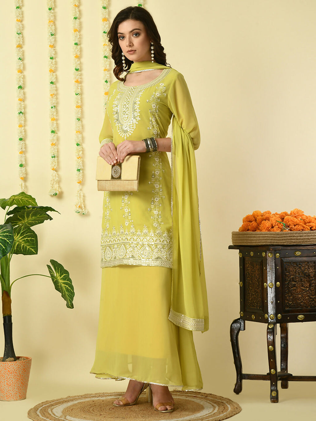 Myshka Women's Yellow Georgette Kurta & Skirt With Dupatta Party Sets