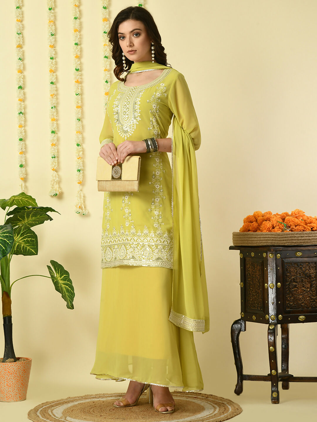Myshka Women's Yellow Georgette Kurta & Skirt With Dupatta Party Sets
