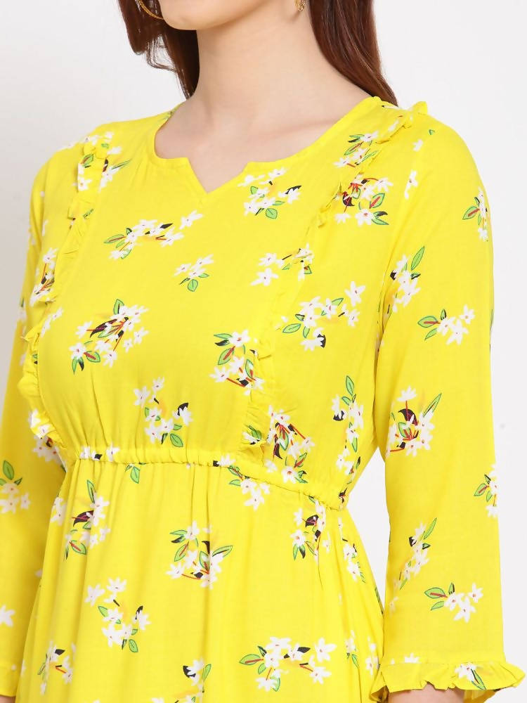 Myshka Women's Yellow Printed Cotton 3/4 Sleeve Round Neck Casual Dress