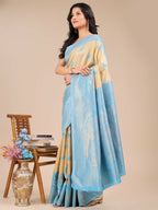 Shree Shyam Fashion Banarasi Silk Cream & Sky Blue Saree - Distacart