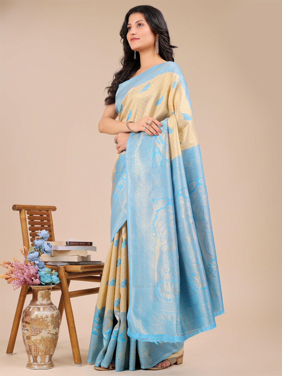 Shree Shyam Fashion Banarasi Silk Cream & Sky Blue Saree - Distacart
