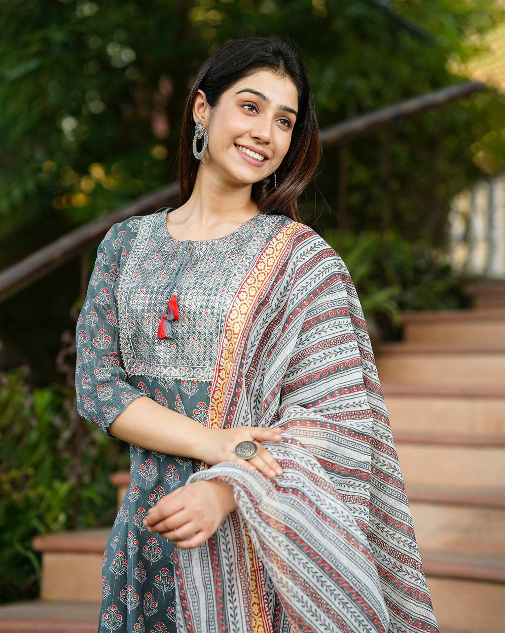 Juniper Women's Grey Cotton Printed Straight Kurta Pant Dupatta Set - Distacart