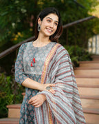 Juniper Women's Grey Cotton Printed Straight Kurta Pant Dupatta Set - Distacart