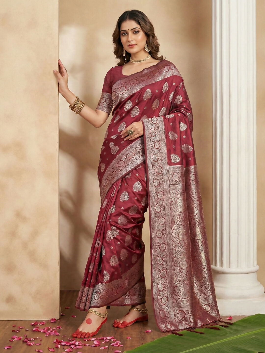 Shree Shyam Fashion Maroon Silk Blend Saree - Distacart
