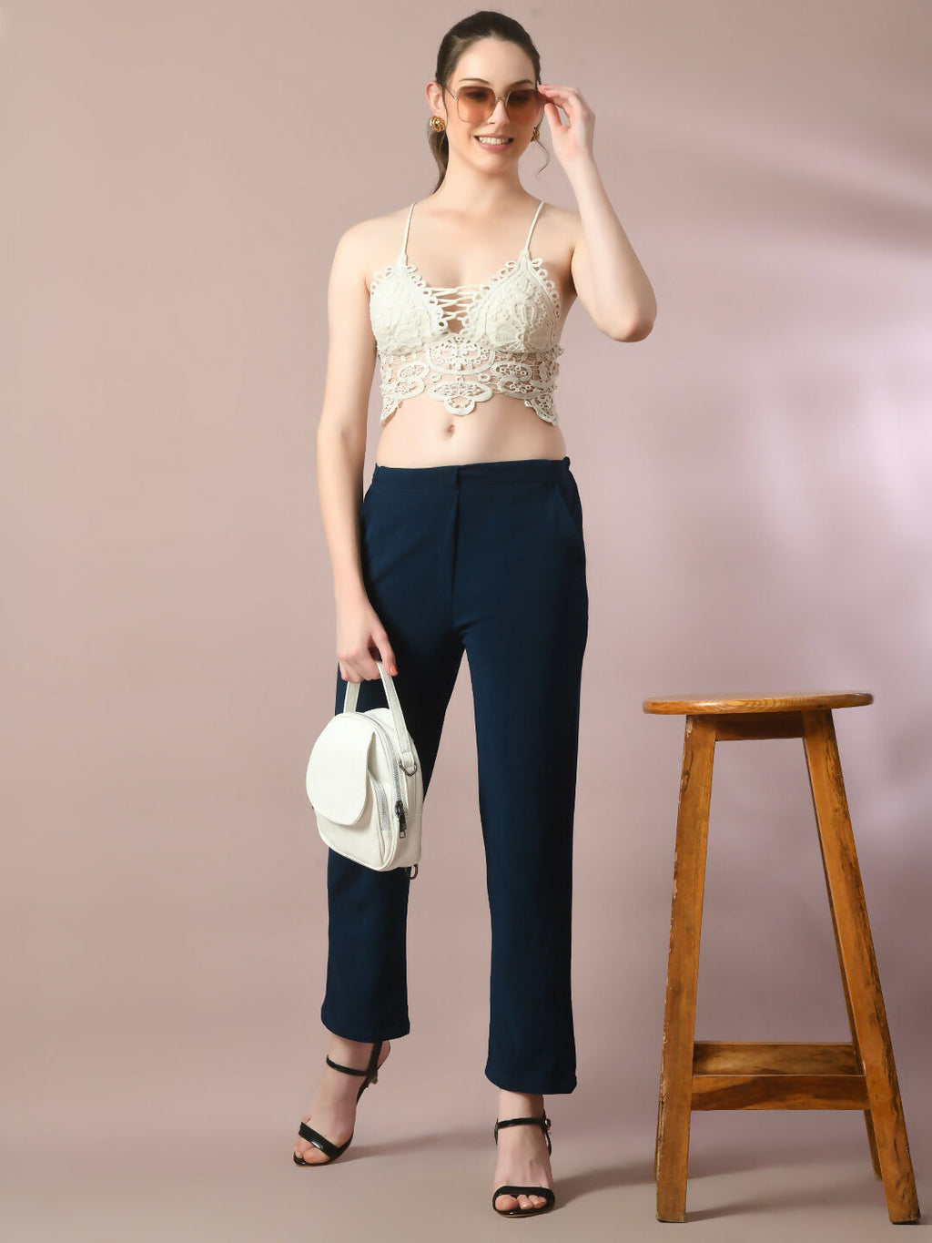 Myshka Women'sNavy Blue Solid Party straight Trousers
