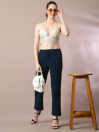 Myshka Women'sNavy Blue Solid Party straight Trousers