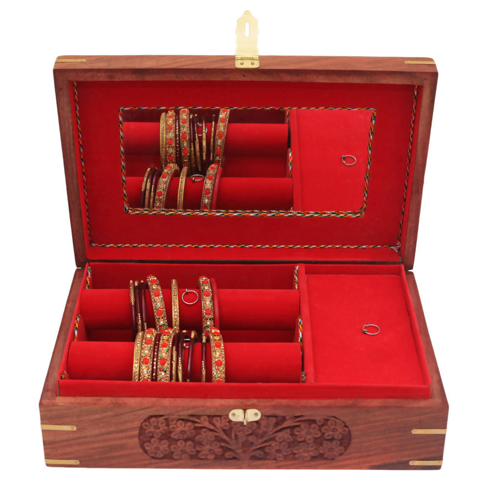 Nizalia Carved Motif Of Flora Handmade Beautiful Jewellery Box With Mirror