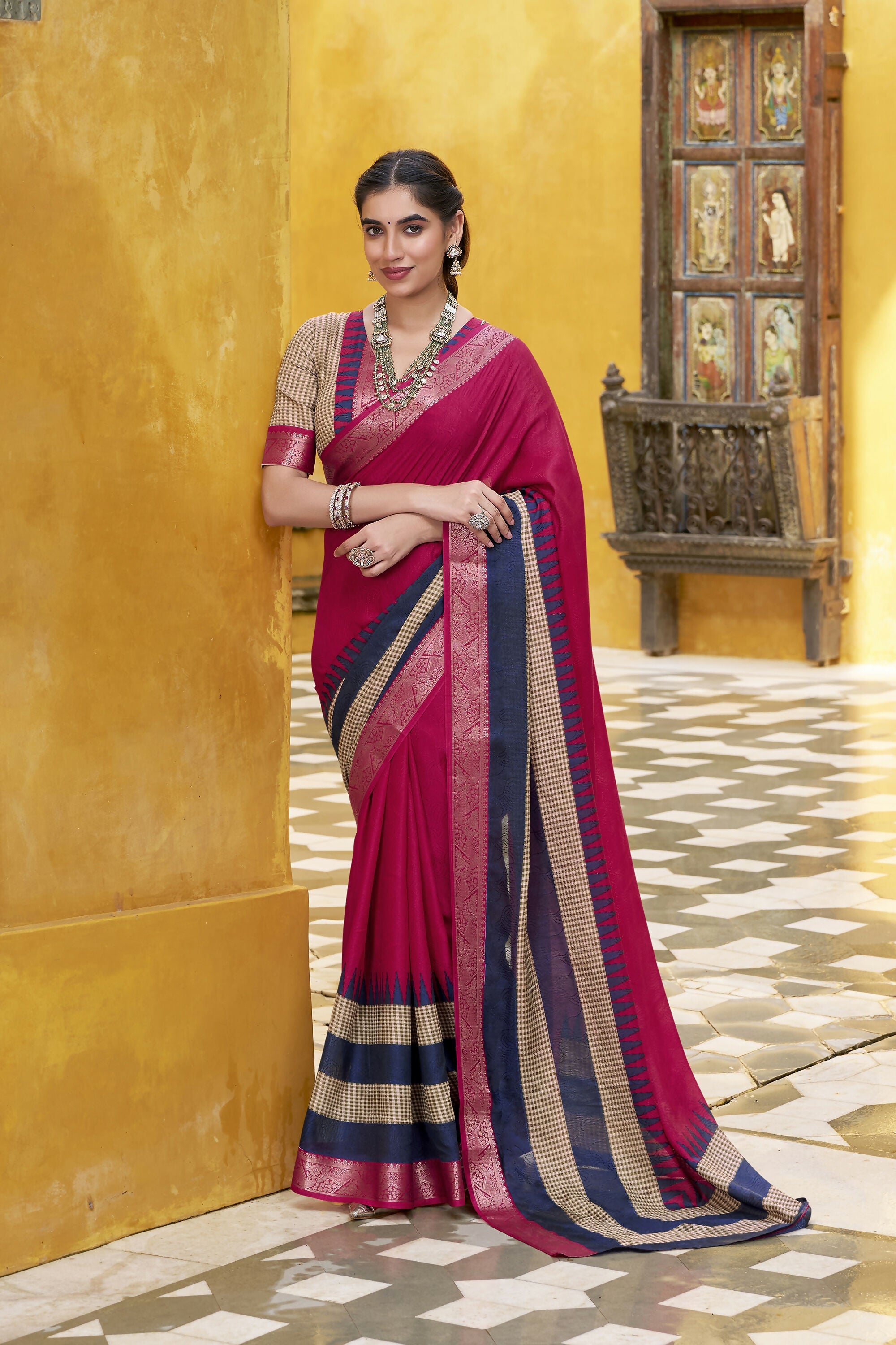 Vastranavya Pink Printed with Zari Weaving Work Poly Cotton Saree & Unstitched Blouse - Distacart