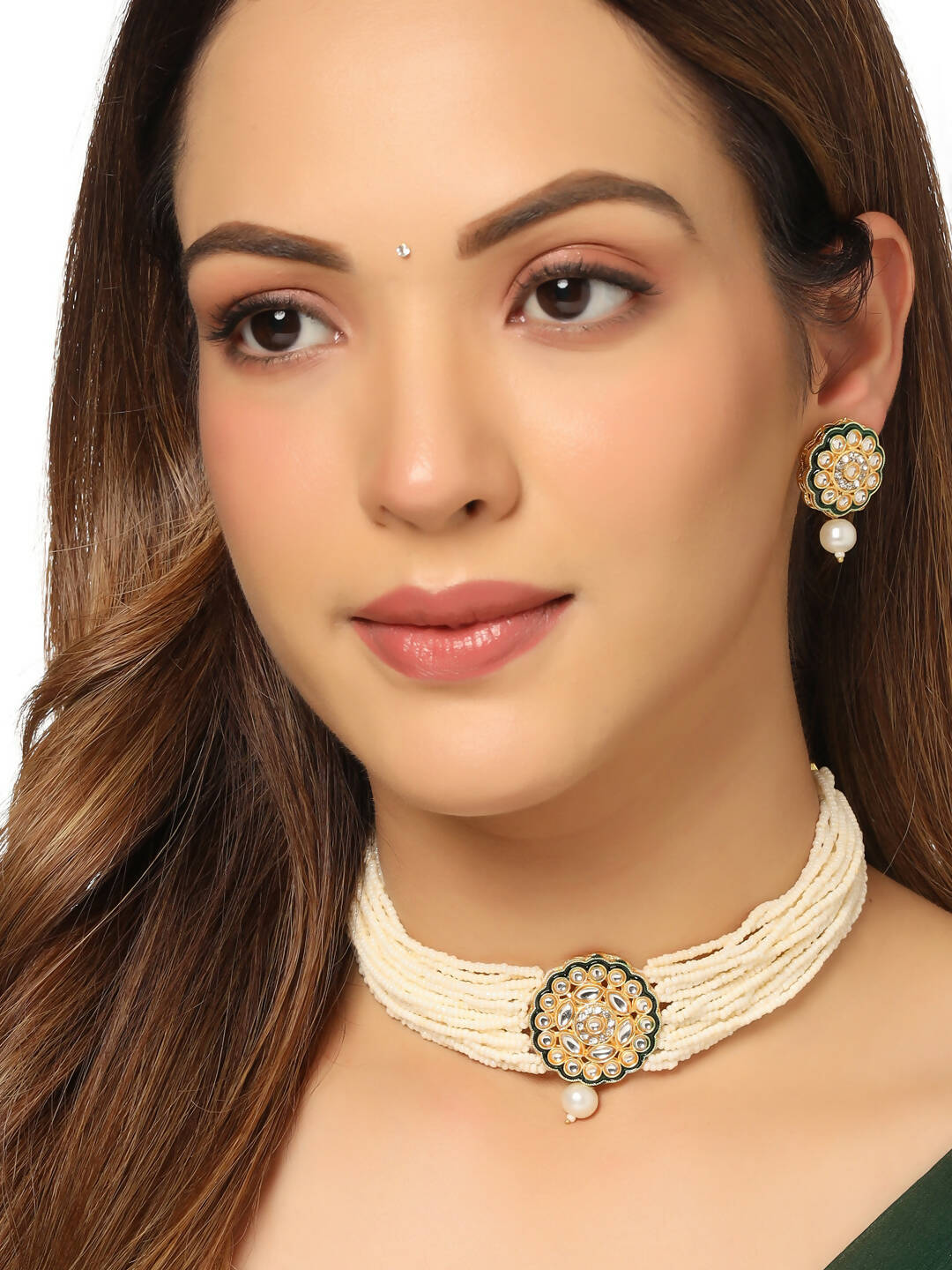 NVR Women Gold-Polished Kundan Studded Jewellery Set