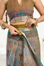 Joban Fashion Dusty Green Floral & Ethnic Motifs Linen Ready To Wear Saree With Unstitched Blouse - Distacart