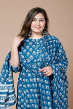 Miravan Women's Plus Size Blue Printed Anarkali Kurta With Dupatta