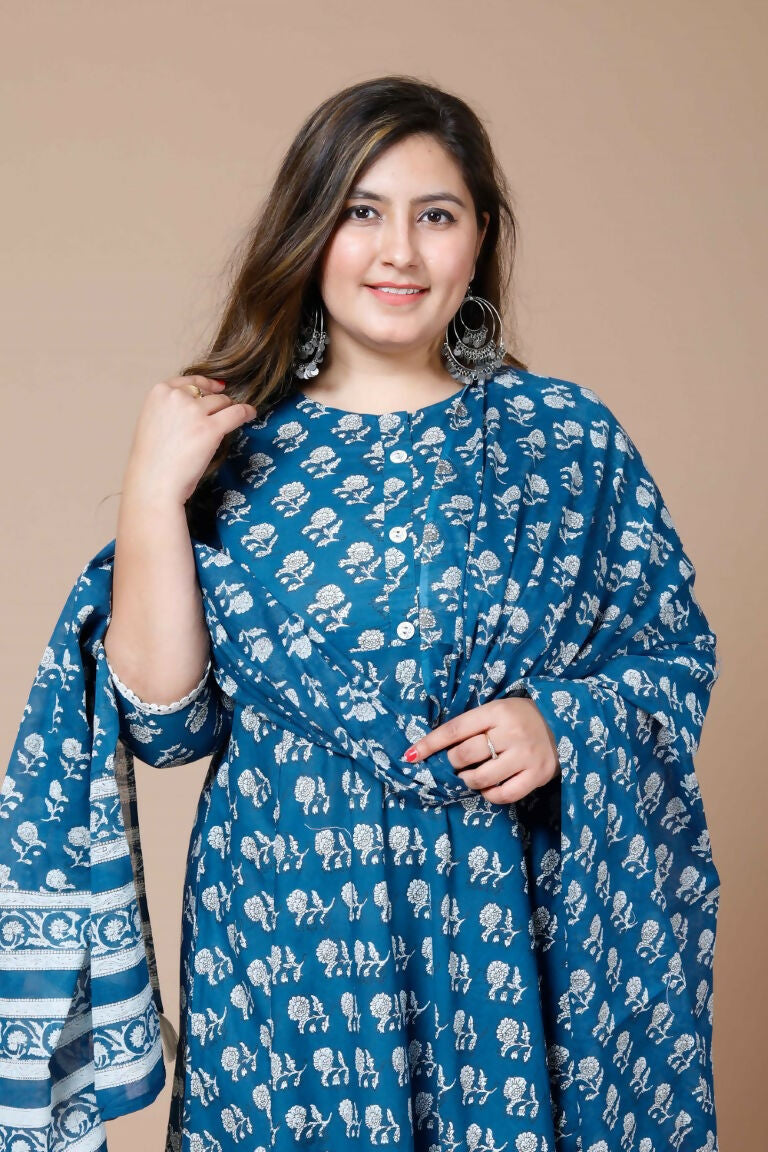 Miravan Women's Plus Size Blue Printed Anarkali Kurta With Dupatta