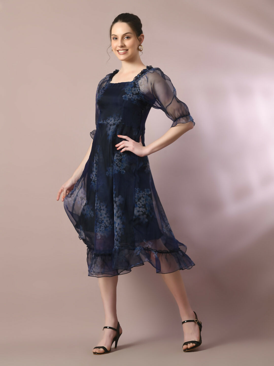 Myshka Women's Navy Blue Printed Square Neck Fit and Flare Party Dress - Distacart