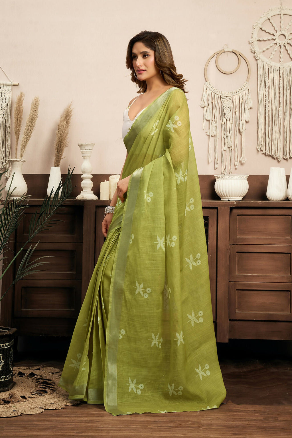Vastranavya Mehendi Digital Printed Linen Ready To Wear Designer Saree with Unstitched Blouse - Distacart