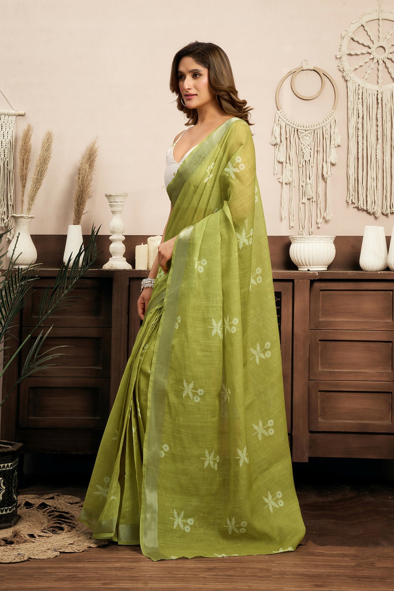 Vastranavya Mehendi Digital Printed Linen Ready To Wear Designer Saree with Unstitched Blouse - Distacart