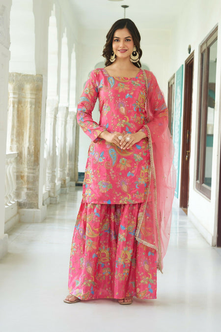 Joban Fashion Pink Chinnon Embroidery Sequence Work Readymade Kurta Set