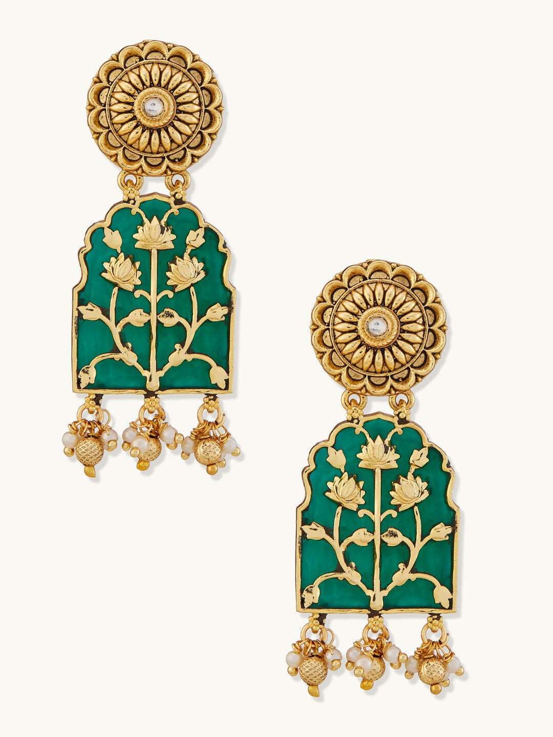 Nuyug 22K Gold-Plated Pearl Beaded Strings Green Enamel Pendant with Floral Motifs Necklace Set