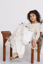 Little Bansi Girls Cotton Floral Embroidery Frock Kurta with Sharara & Dupatta - White