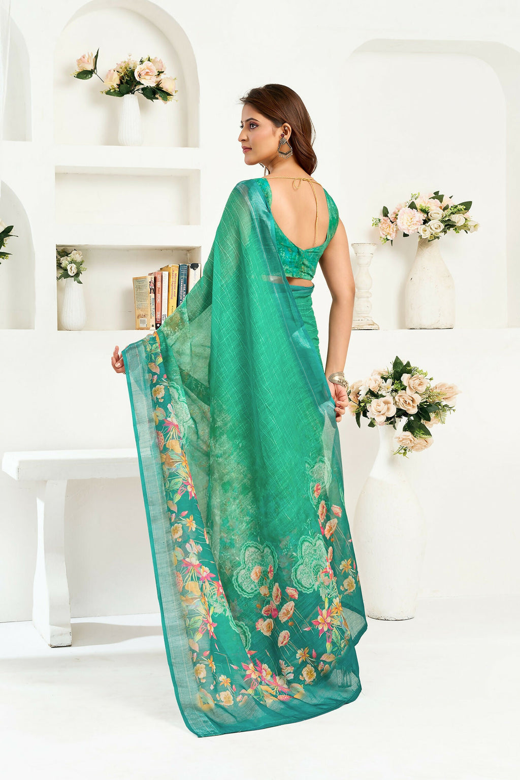 Joban Fashion Rama Green Floral Linen Ready To Wear Saree With Unstitched Blouse - Distacart