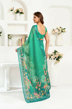 Joban Fashion Rama Green Floral Linen Ready To Wear Saree With Unstitched Blouse - Distacart