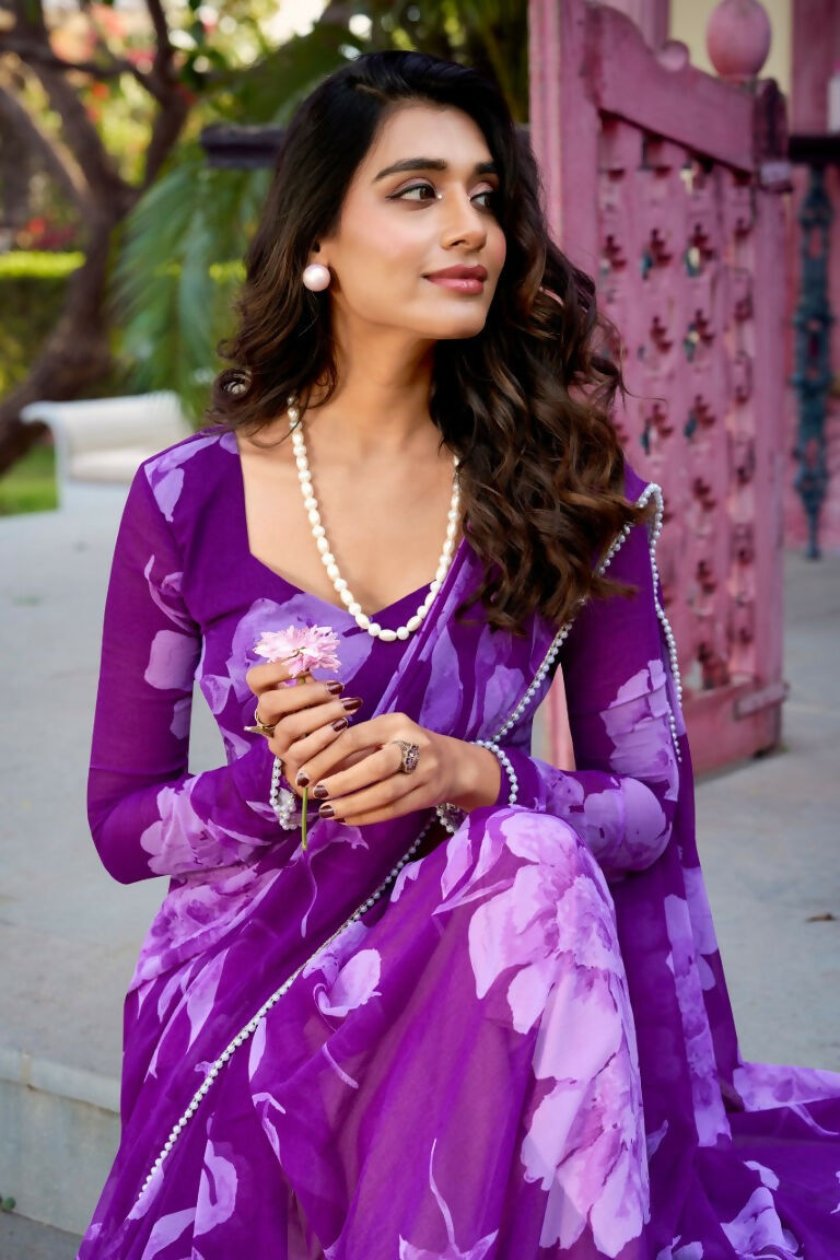 Vastranavya Purple Chiffon Floral Printed & Pearl Lace Border Saree with Unstitched Blouse