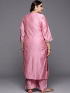 Sztori Plus Size Geometric Embroidered Mirror Work Straight Kurta with Trousers - Distacart