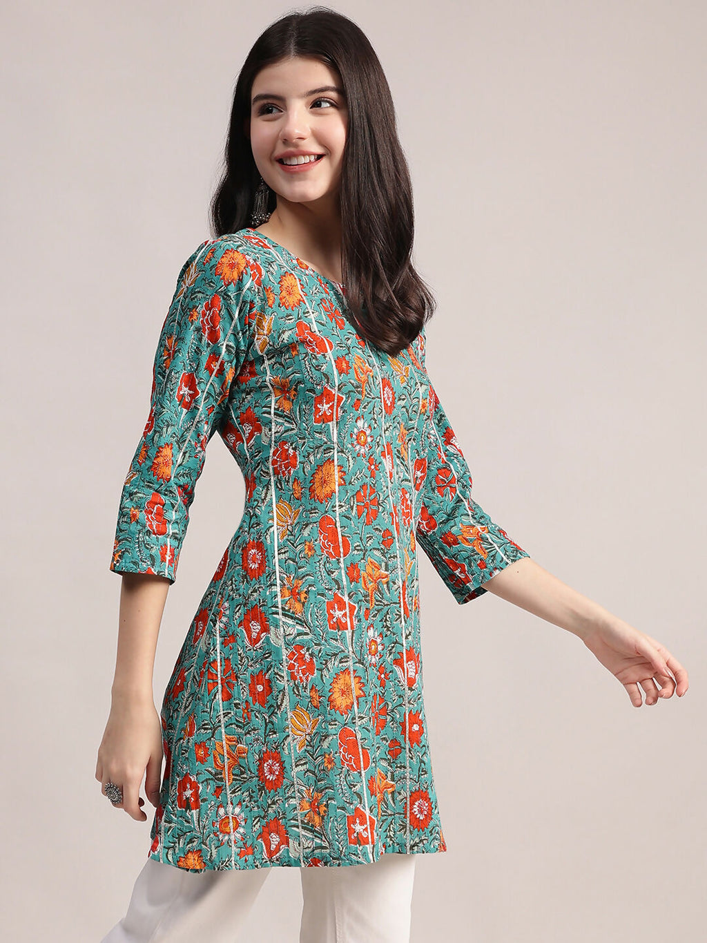 Aavyora Women's Teal Green Cotton A-Line Tunic with Red Floral Print and All-Over Pintuck Details