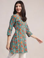 Aavyora Women's Teal Green Cotton A-Line Tunic with Red Floral Print and All-Over Pintuck Details