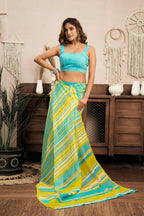Joban Fashion Yellow Striped (Leheriya) Linen Ready To Wear Saree With Unstitched Blouse - Distacart