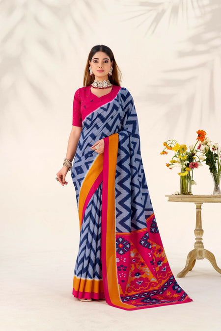 Vastranavya Blue Tussar Silk Zigzag Waves Printed Saree with Unstitched Blouse