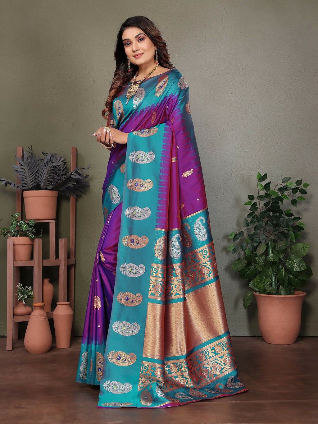 Joban Fashion Banarasi Purple Butti Soft Silk Saree - Distacart