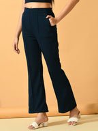 Myshka Women's Navy Blue Flared Party Trouser