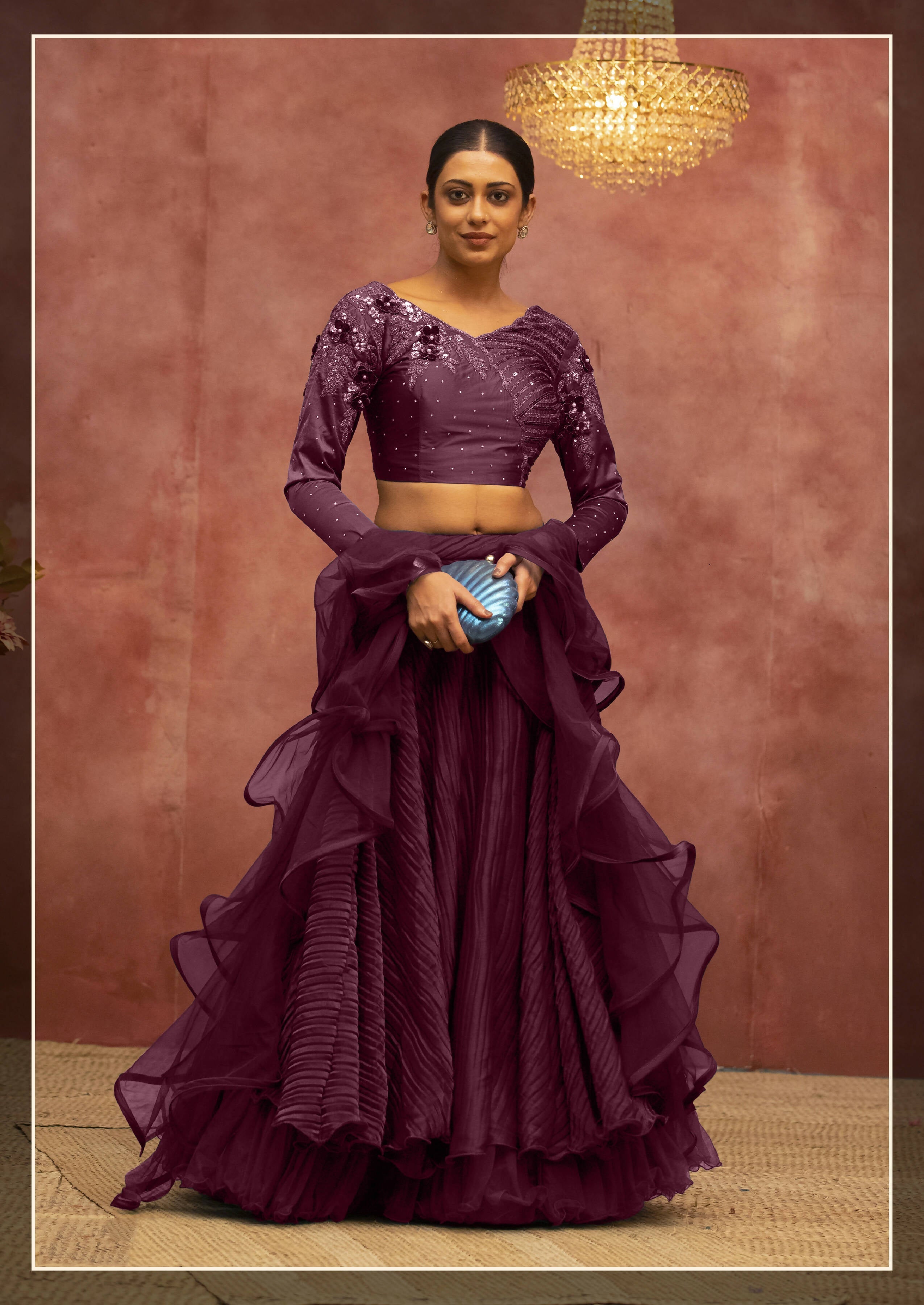 Wine Net, Fancy Lycra Semi-Stitched Bridal Lehenga - Nimaya Bonanza